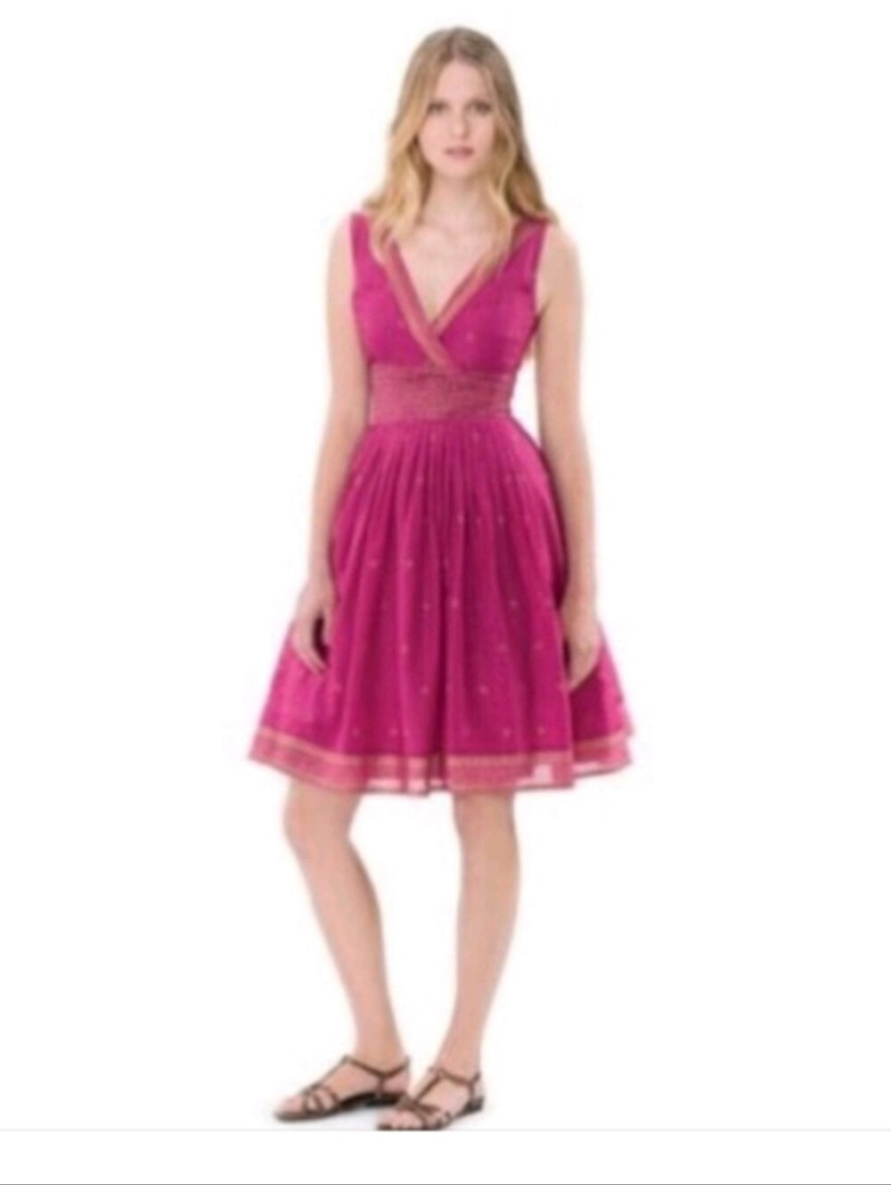 Isaac Mizrahi Vibrant 100% Cotton Magenta Size 4 Pleated Boho V- Neck Dress.